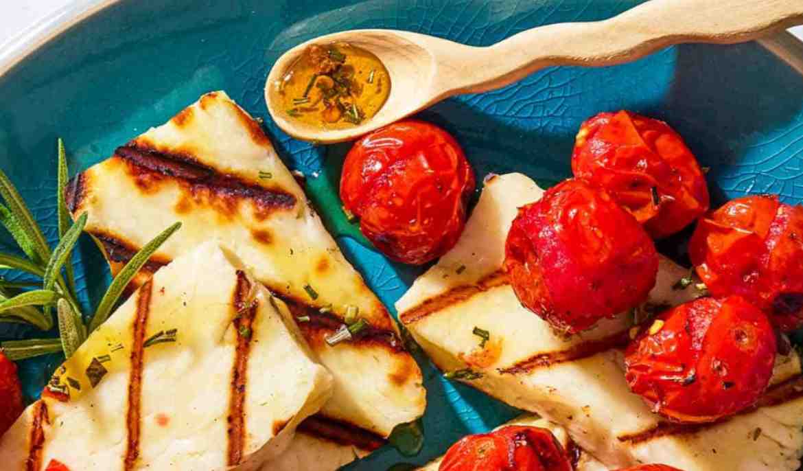 Grilled Halloumi with Blistered Cherry Tomatoes and Honey-Rosemary Glaze