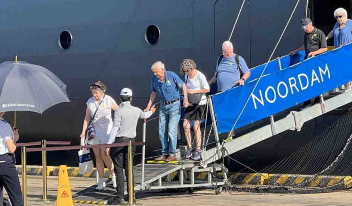 Large cruise ship carrying over 2,600 Multinational Tourists docks in Sihanoukville