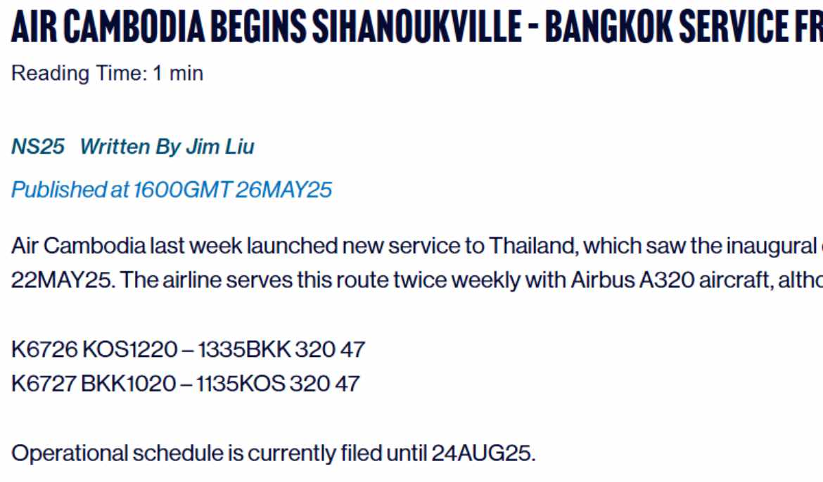 Air Cambodia Begins Sihanoukville – Bangkok Service From late-May 2025